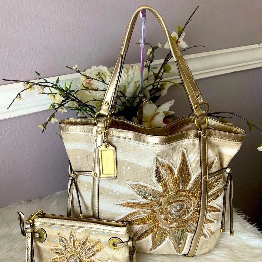 Coach Gold & Cream Floral Sequin Tote with Wristlet